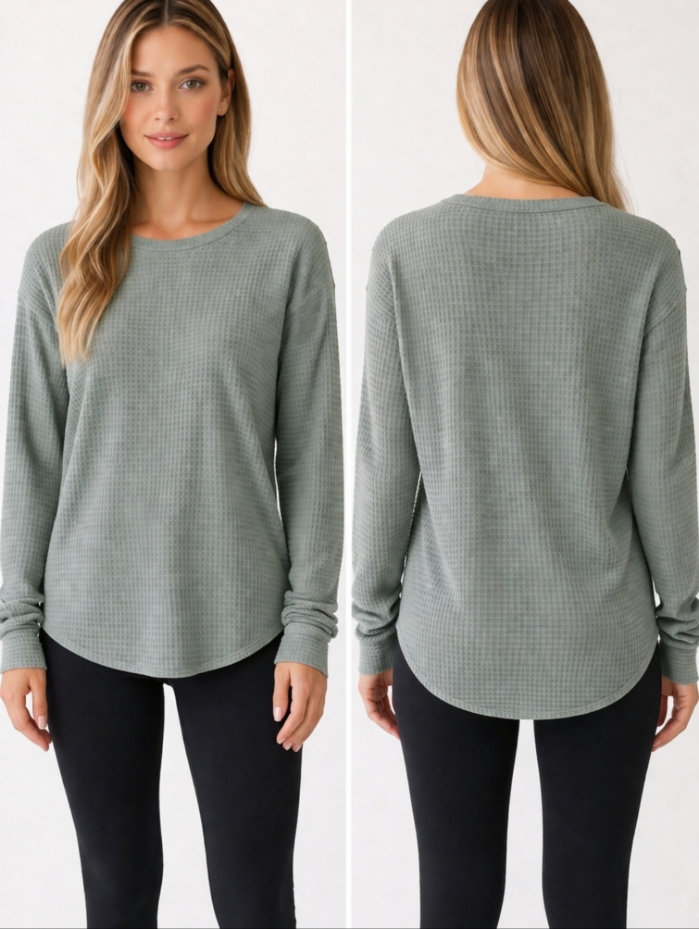 Tranquil & True Waffle Knit Long Sleeve Top Sage Green Size M Soft Lounge